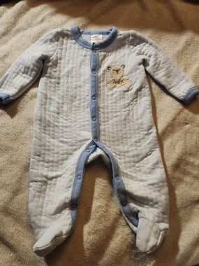 Light Blue Quilted Footed Baby One-Piece with Bear Applique
